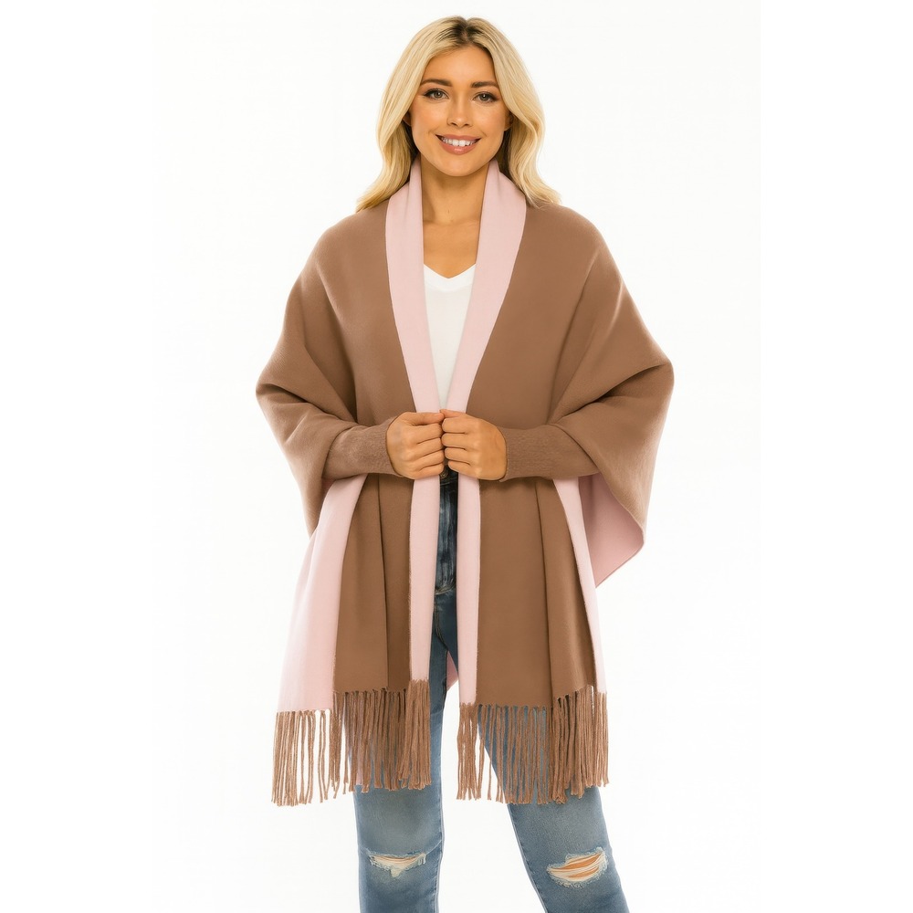 Cozy Brown Pink Reversible Fringe Wrap Shawl‎ Cardigan Poncho Women